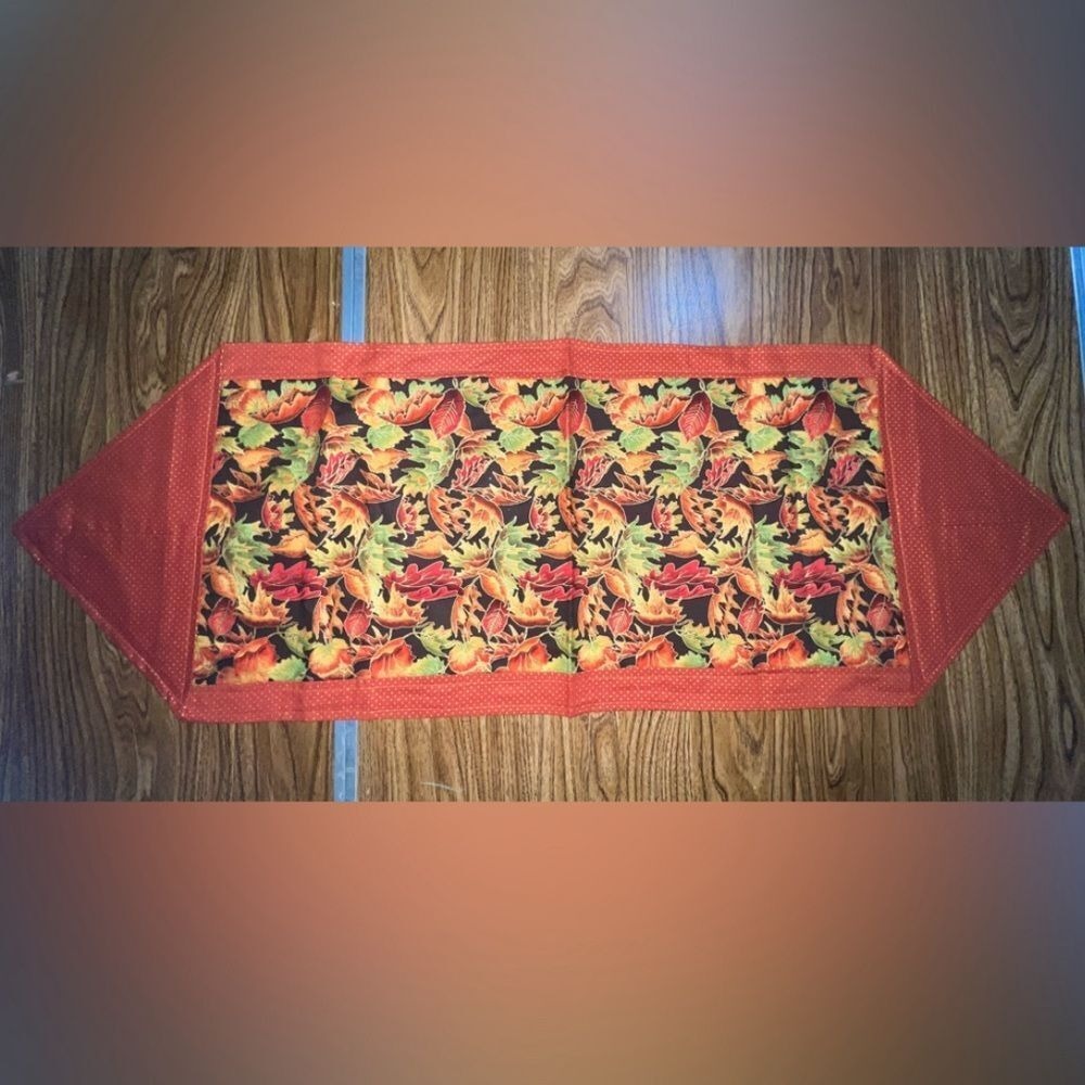 Handmade Table Runner Fall Theme Leaves Burnt Orange - Gold Accents - 14" X 41"